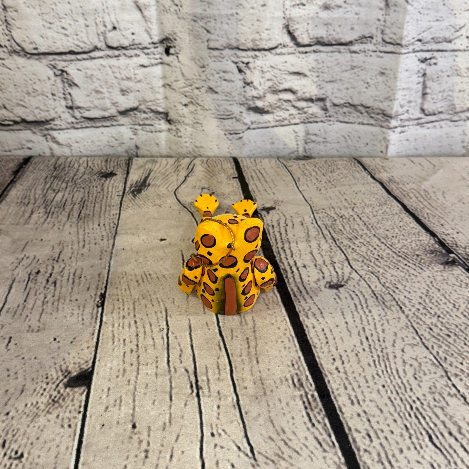 10cm Yellow Frog Sitting Animal, Wooden Shelf Ornament Handmade Fairtrade4