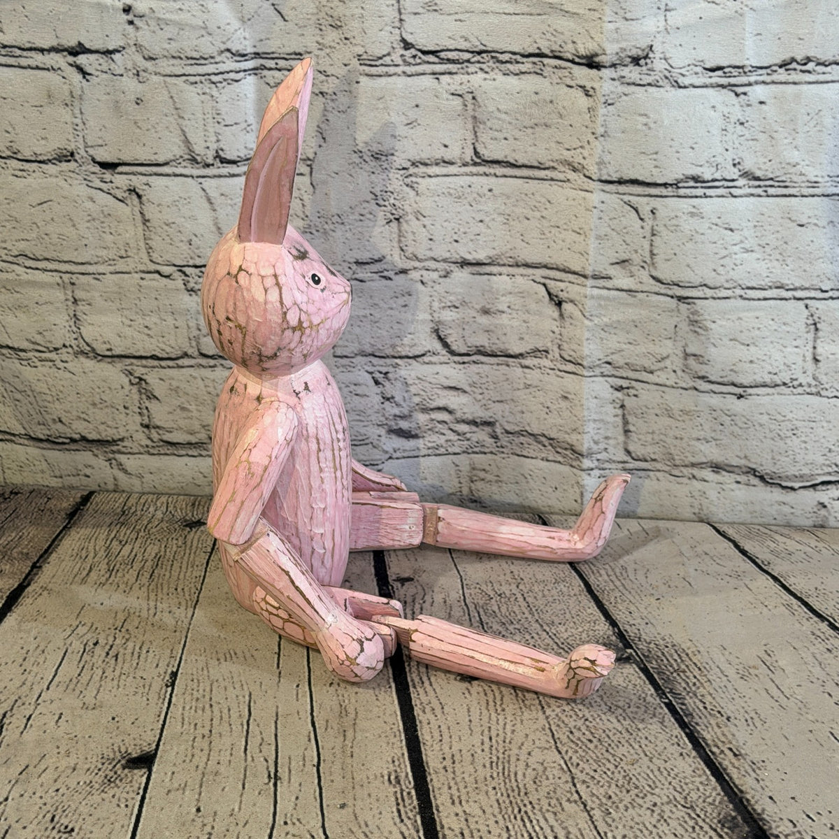 30cm Pink Bunny Rabbit Sitting Animal, Wooden Shelf Ornament Handmade Fairtrade3