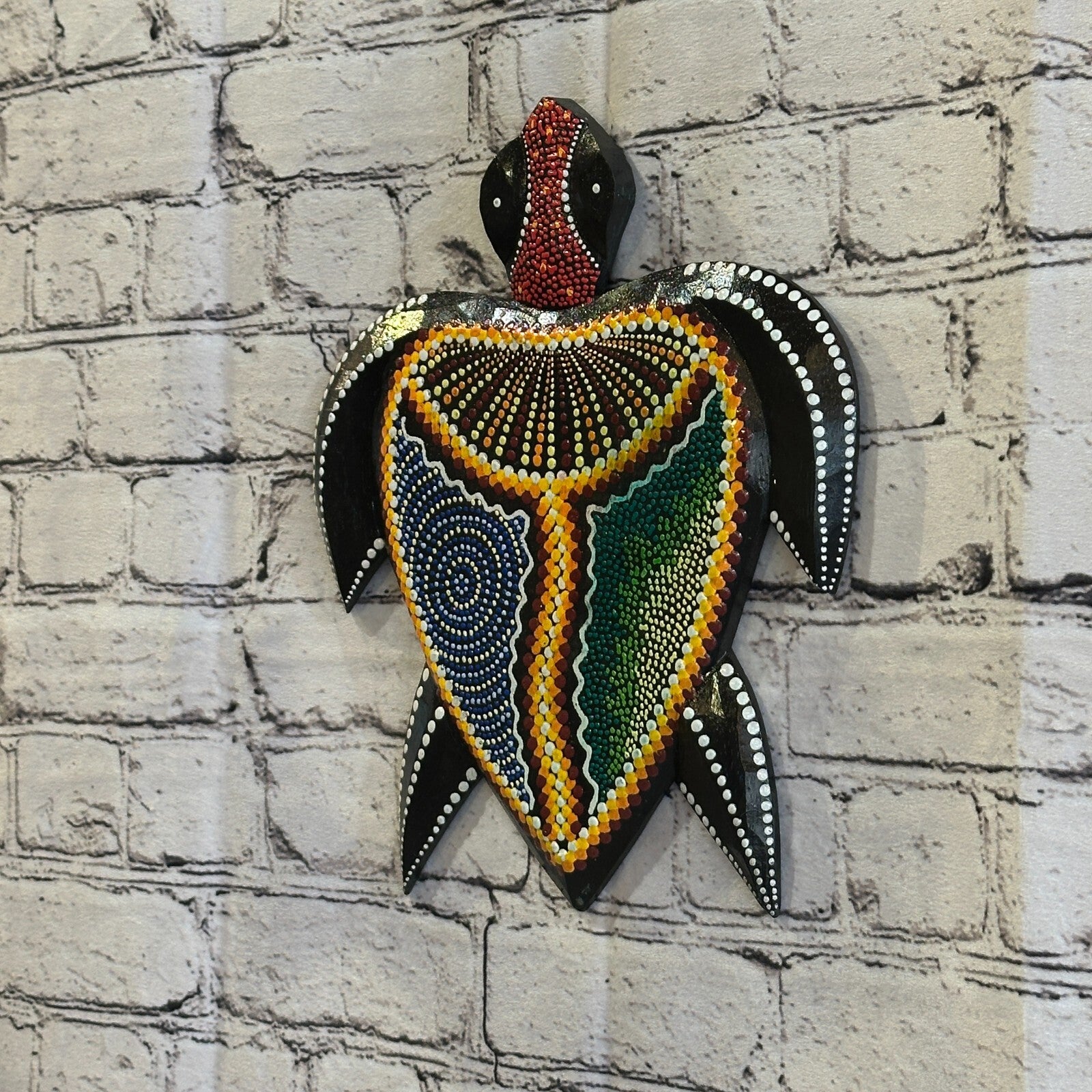 30cm Turtle Carved Wooden Dot Painted Ethnic Tribal Tiki Wall Art Handmade No 21