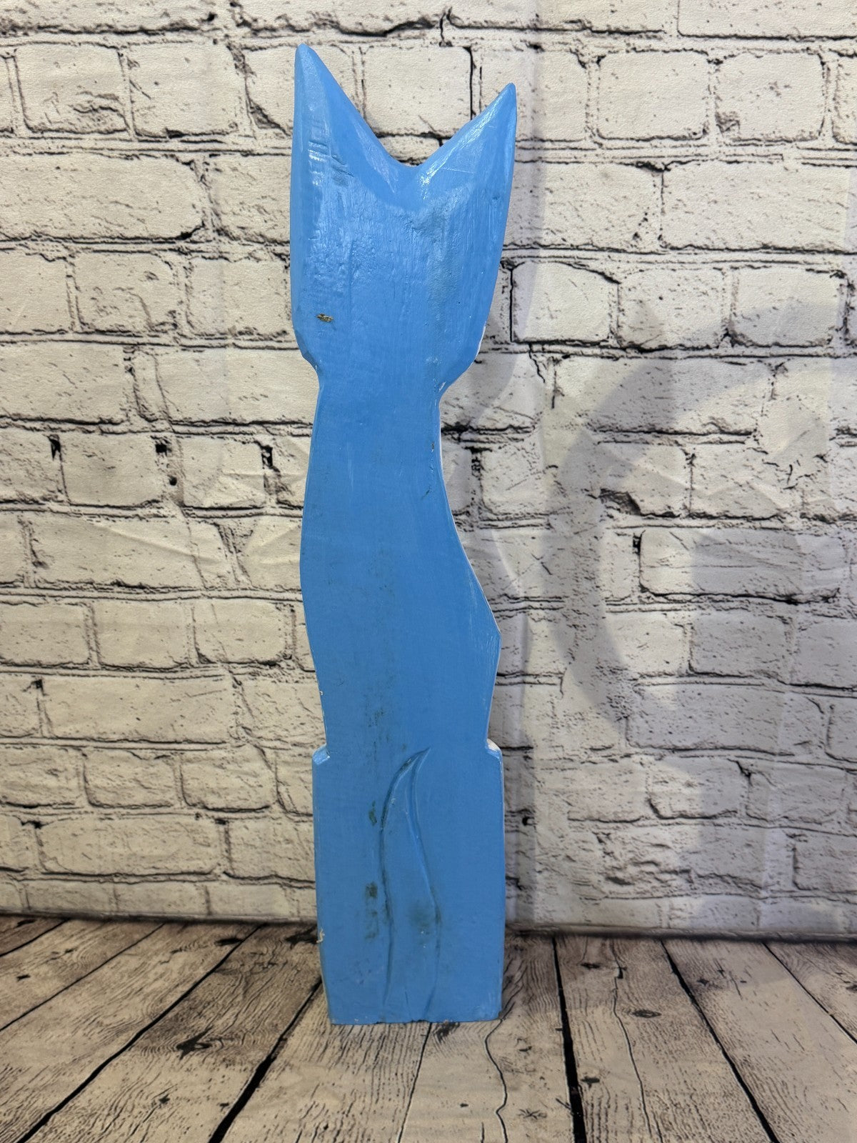 60cm Blue White Flower Wooden Shabby Cat Statue Ornament Fair Trade Handcarved4