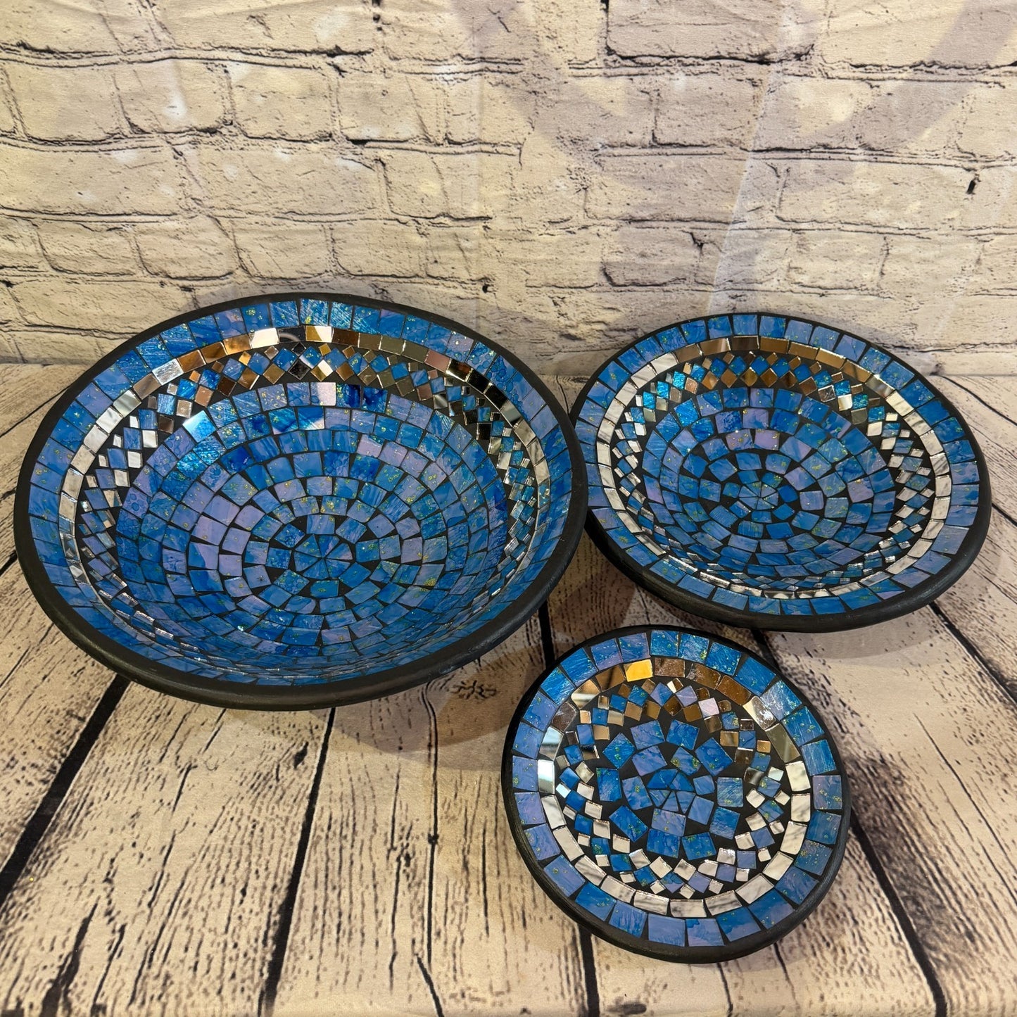 28cm Light Blue Round Mirror Mosaic Handmade Ceramic Glass Tile Bowl Fruit4