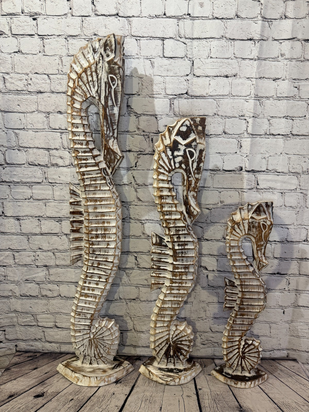 100cm Brown Wooden Shabby Seahorse Statue Ornament Fair Trade Handcarved8