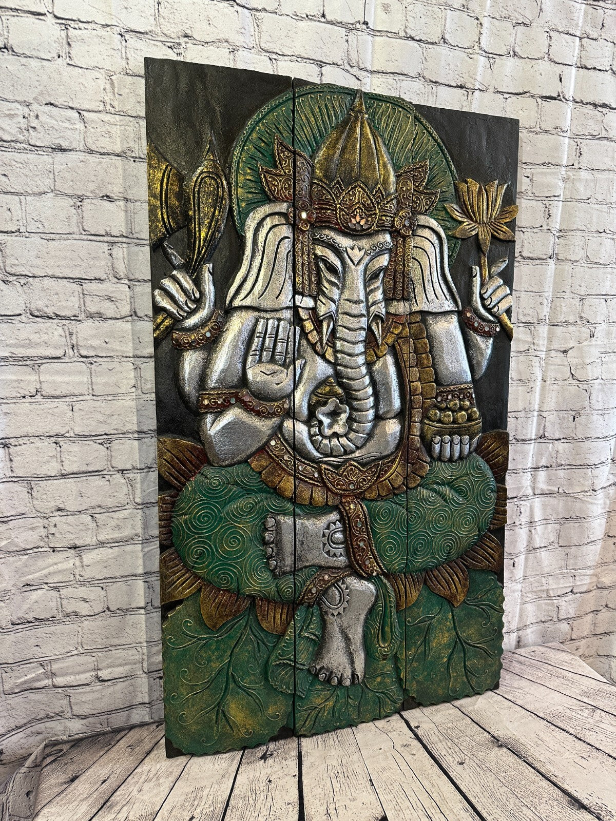 100cm x 60cm Ganesh Colourful Panel Wooden Wood Panel Wall Art Plaque Handcarved1