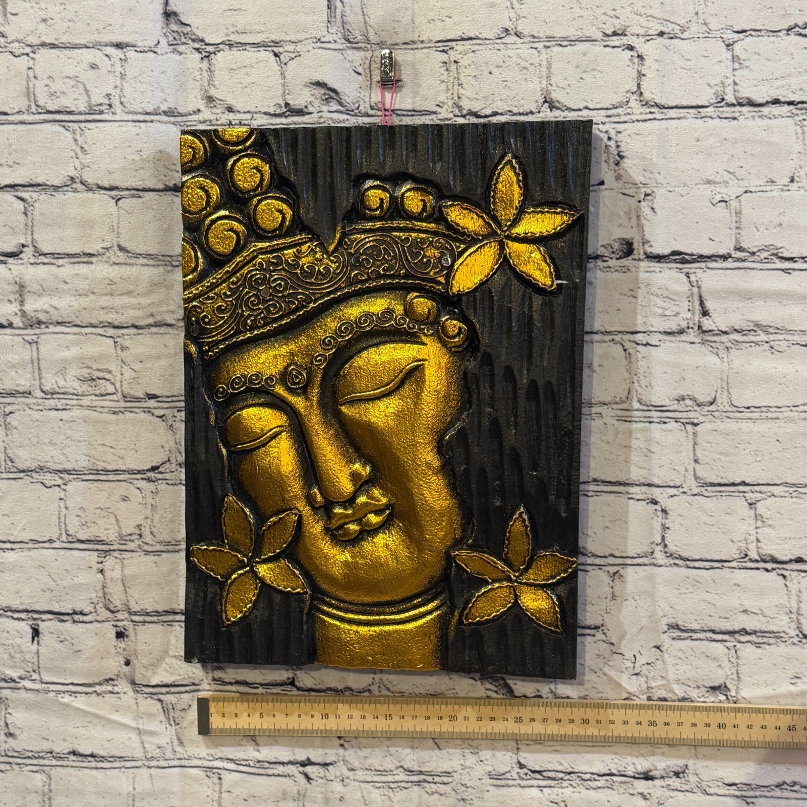 Wooden Wood Panel 40cm Gold Black Buddha Flower Wall Art Plaque Handcarved3