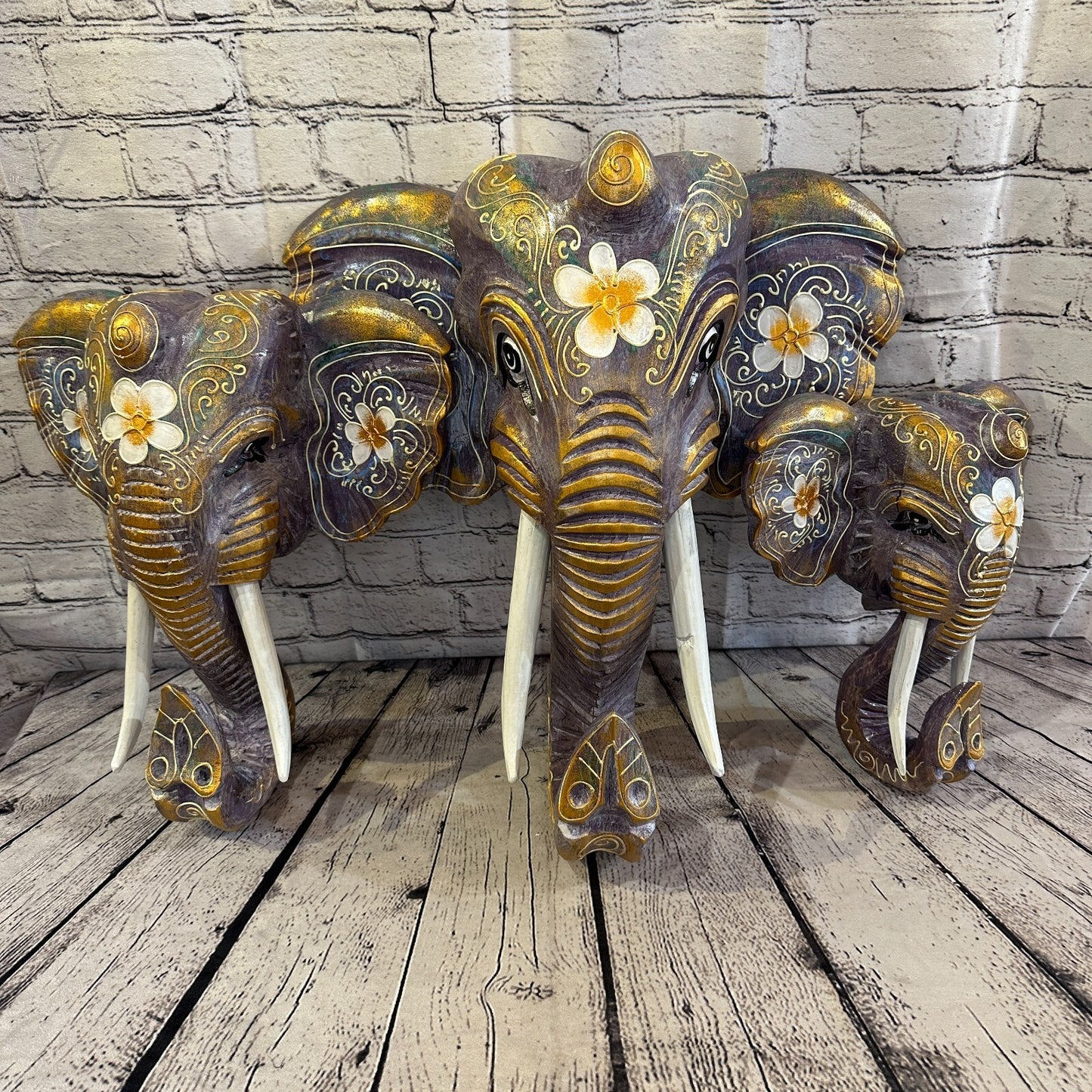 40cm x 35cm Purple Flower Painted Wood Elephant Head Wall Mounted Art Shabby6