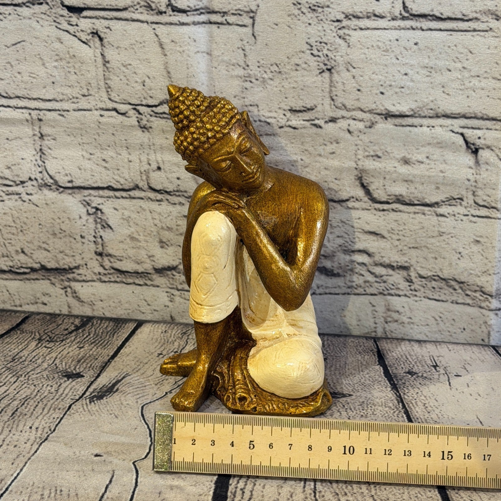 Cream & Bronze 20cm x 10cm Thai Kneeling Buddha Sitting  Statue Resin Hindu6