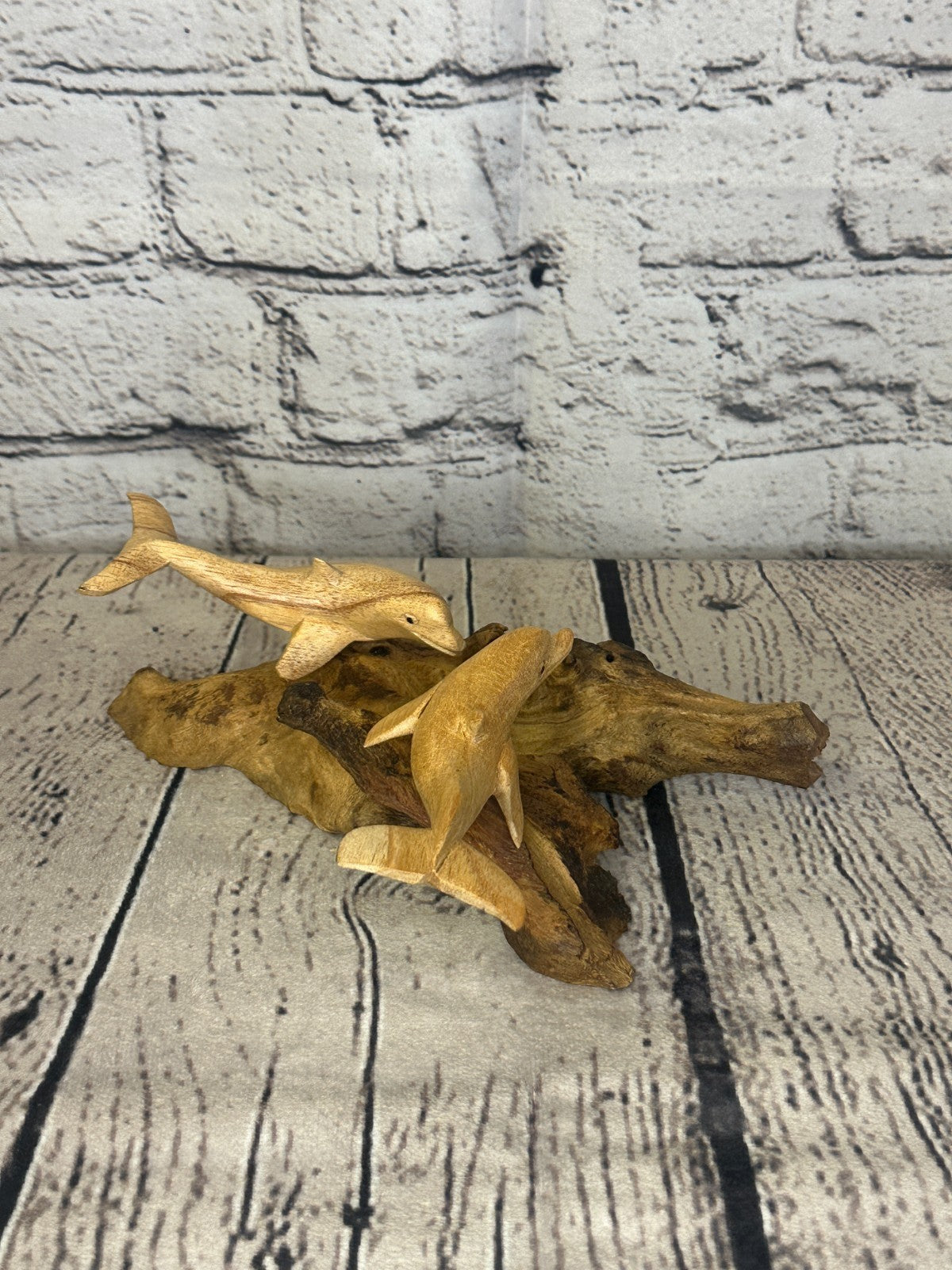 20cm Double Dolphin Mushroom Parasite Ornament Natural Carving Fairtrade Wooden3