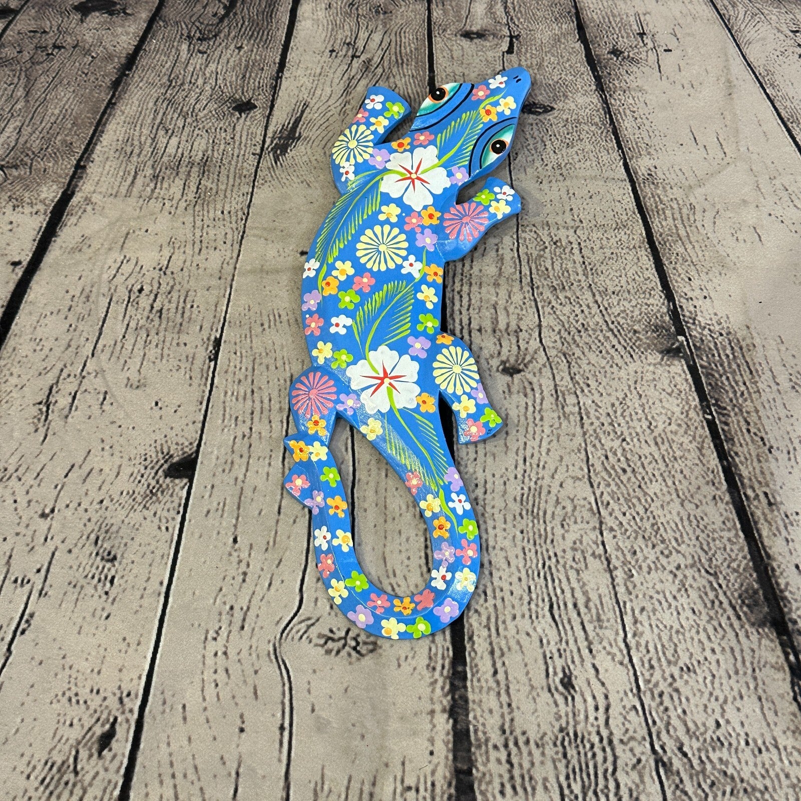 30cm Gecko Lizard Blue Flower Wood Wall Hanging Wooden Ornaments Carving3