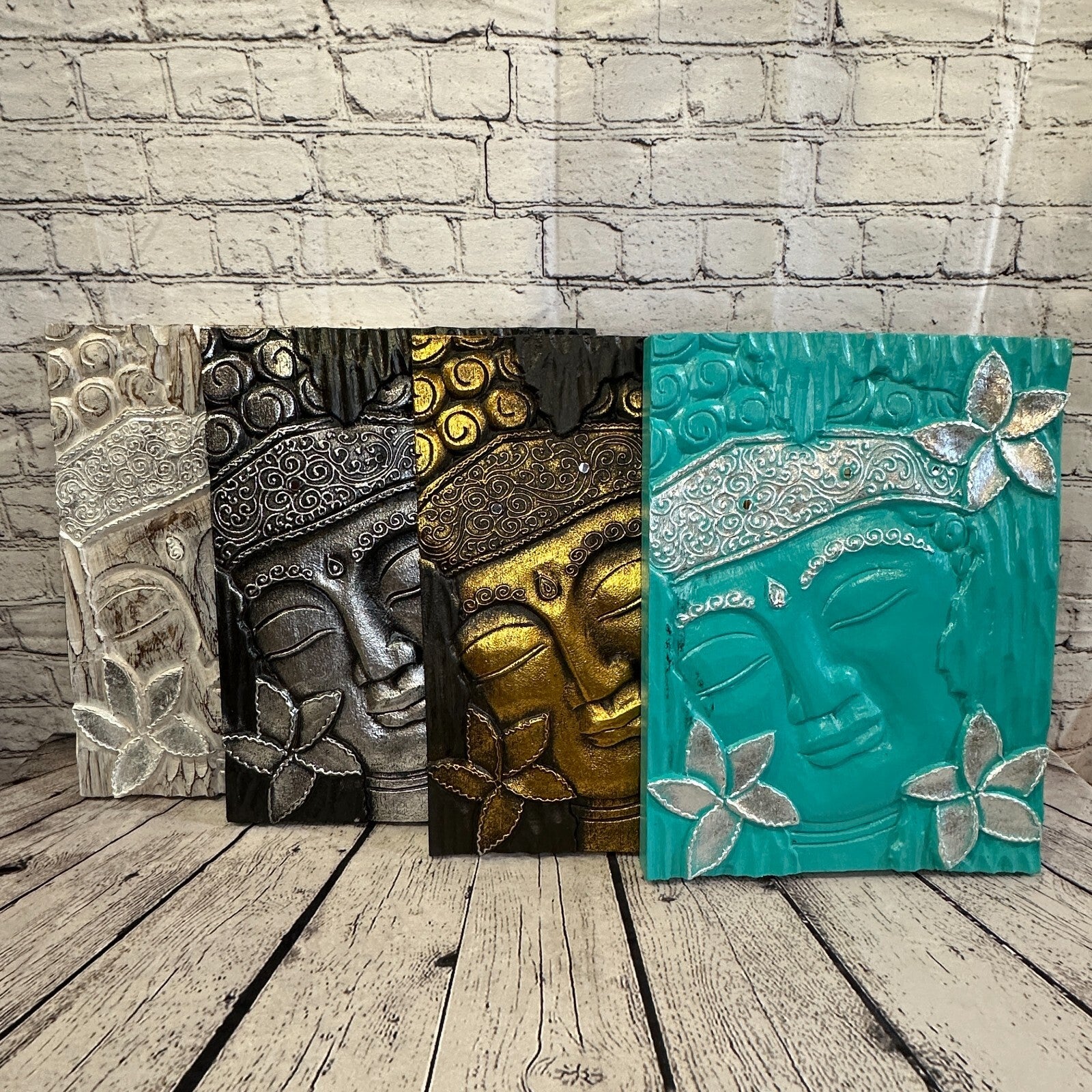 Wooden Wood Panel 40cm Brown White Buddha Hibiscus Wall Art Plaque Handcarved6