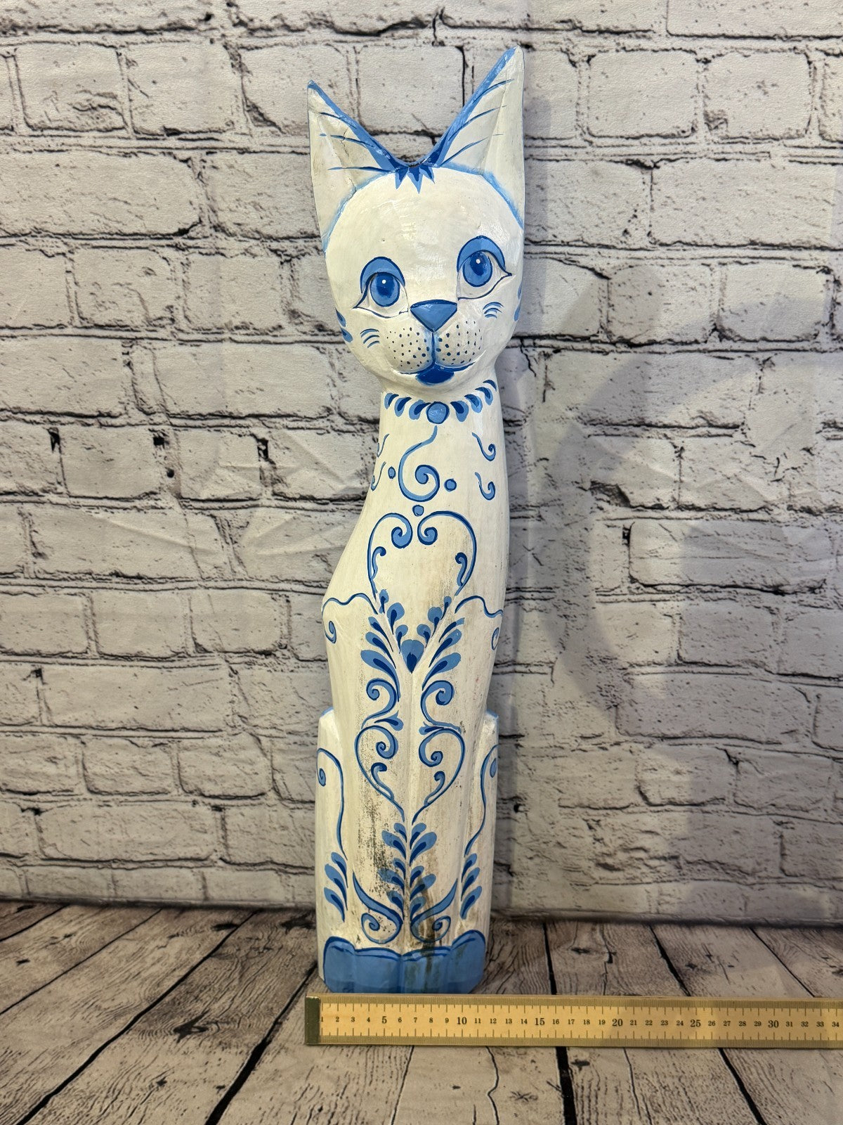 60cm Blue White Flower Wooden Shabby Cat Statue Ornament Fair Trade Handcarved6