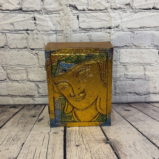Bright Gold Thai Buddha Head Edge 25cm x 18cm x 7cm Wooden Box Trinket Handmade0