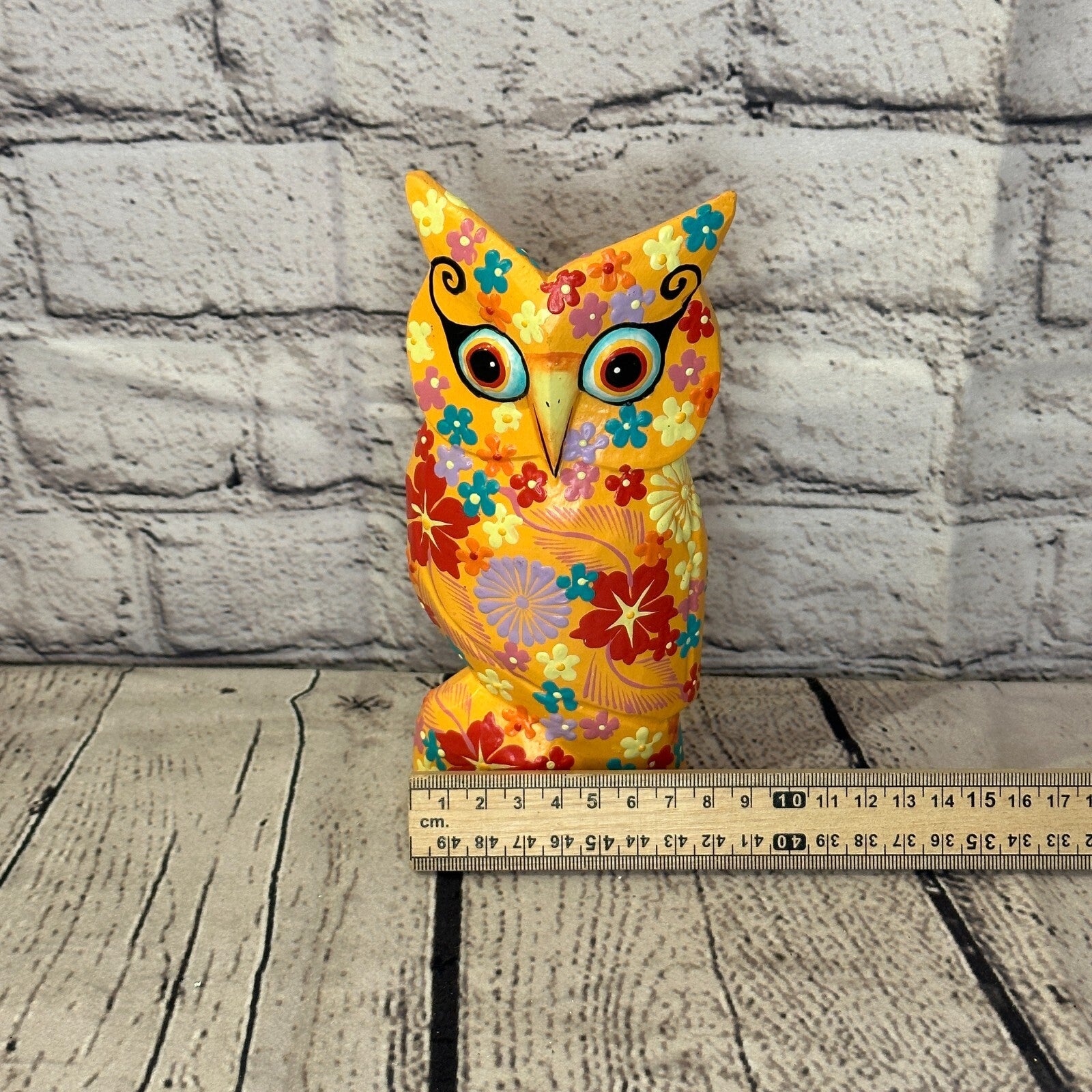 Orange Medium Wooden Owl With Flower Pattern 15cm x 8cm Handmade and Fairtrade6