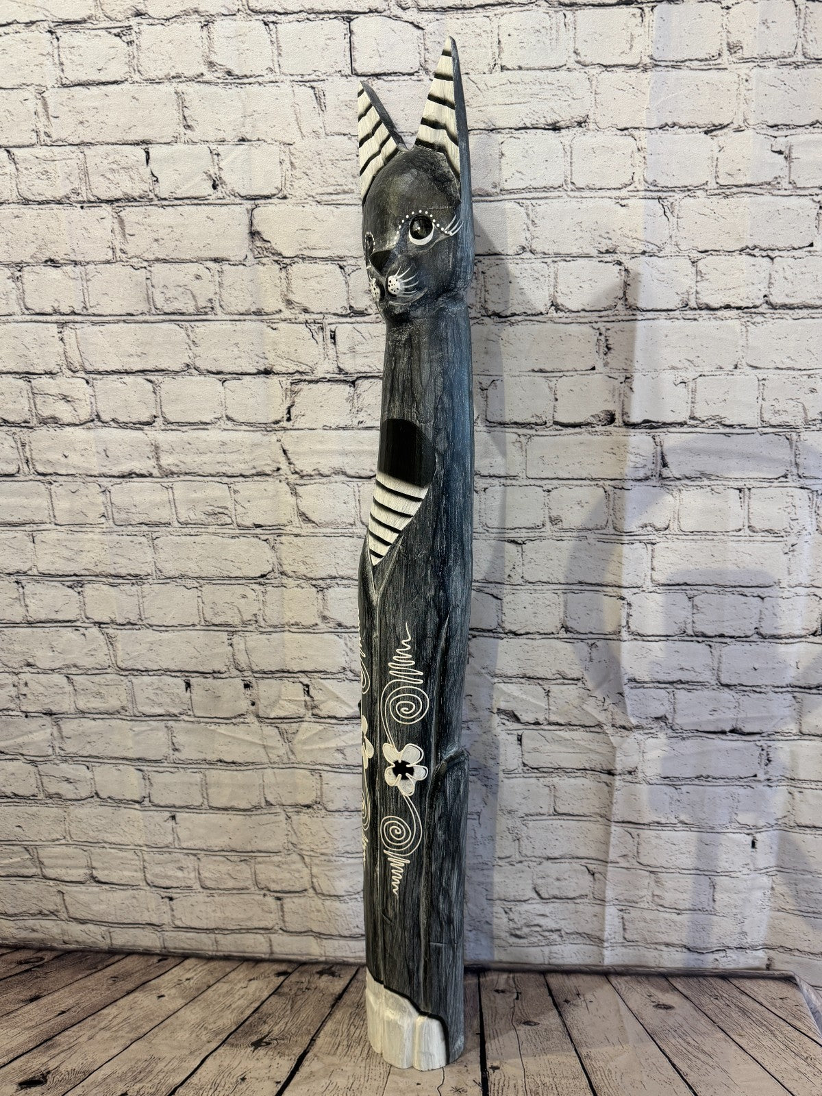 100cm Grey Flower Wooden Shabby Cat Statue Ornament Fair Trade Handcarved1
