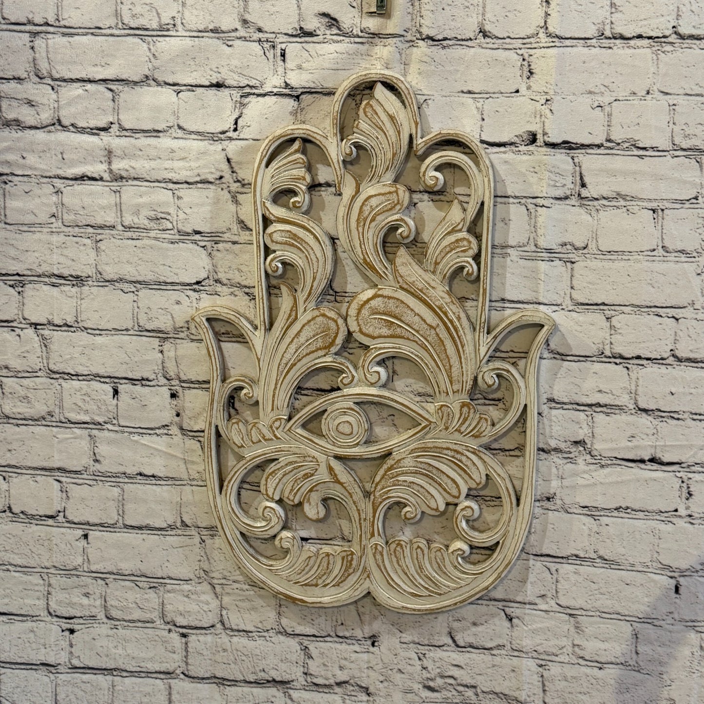 60cm x 40cm Hand Of Fatima White Wooden Wood Panel Wall Art Plaque Handcarved2