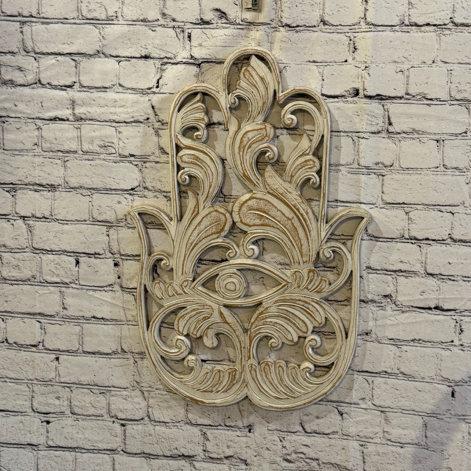60cm x 40cm Hand Of Fatima White Wooden Wood Panel Wall Art Plaque Handcarved2