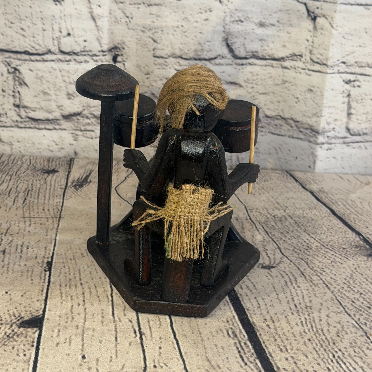 15cm Drum Kit Playing African Tribal Warrior Man Figure Statue Wood Hand Carved4