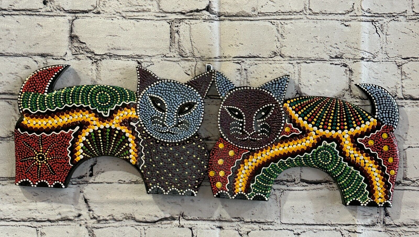 50cm 2 Cats Carved Wooden Dot Painted Ethnic Tribal Tiki Wall Art Handmade No 20