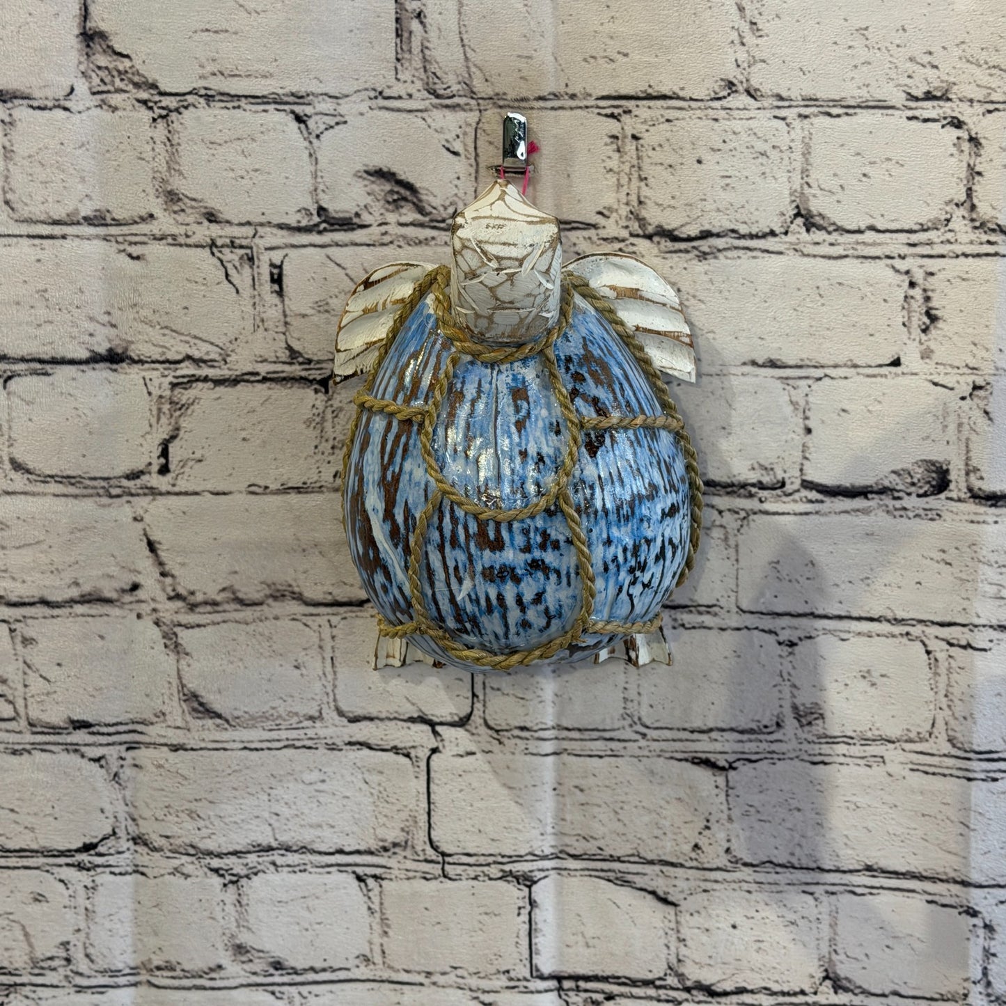 Blue Body White Folk Art Painted Turtle Coconut Shell Ornaments Hanging Decor11