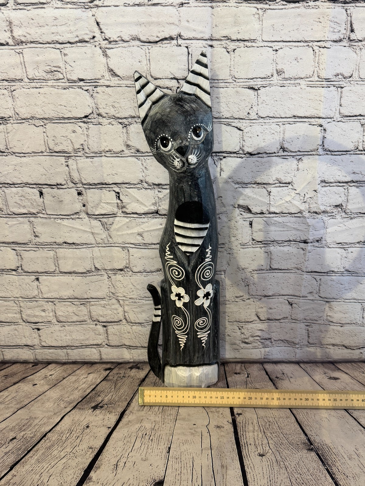 60cm Grey Flower Wooden Shabby Cat Statue Ornament Fair Trade Handcarved6