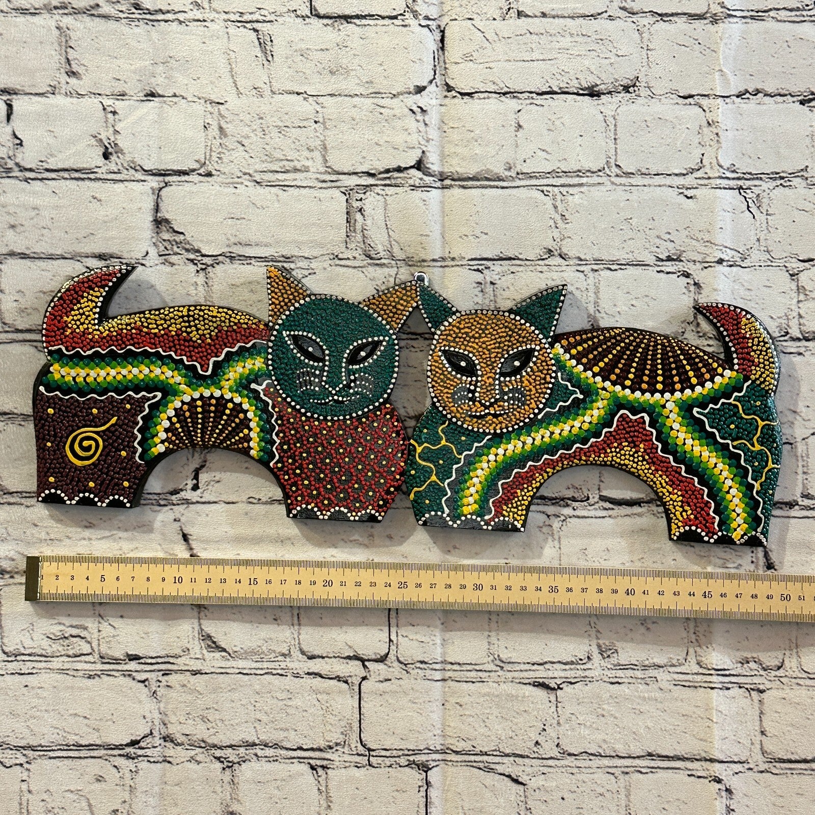 50cm 2 Cats Carved Wooden Dot Painted Ethnic Tribal Tiki Wall Art Handmade No 33