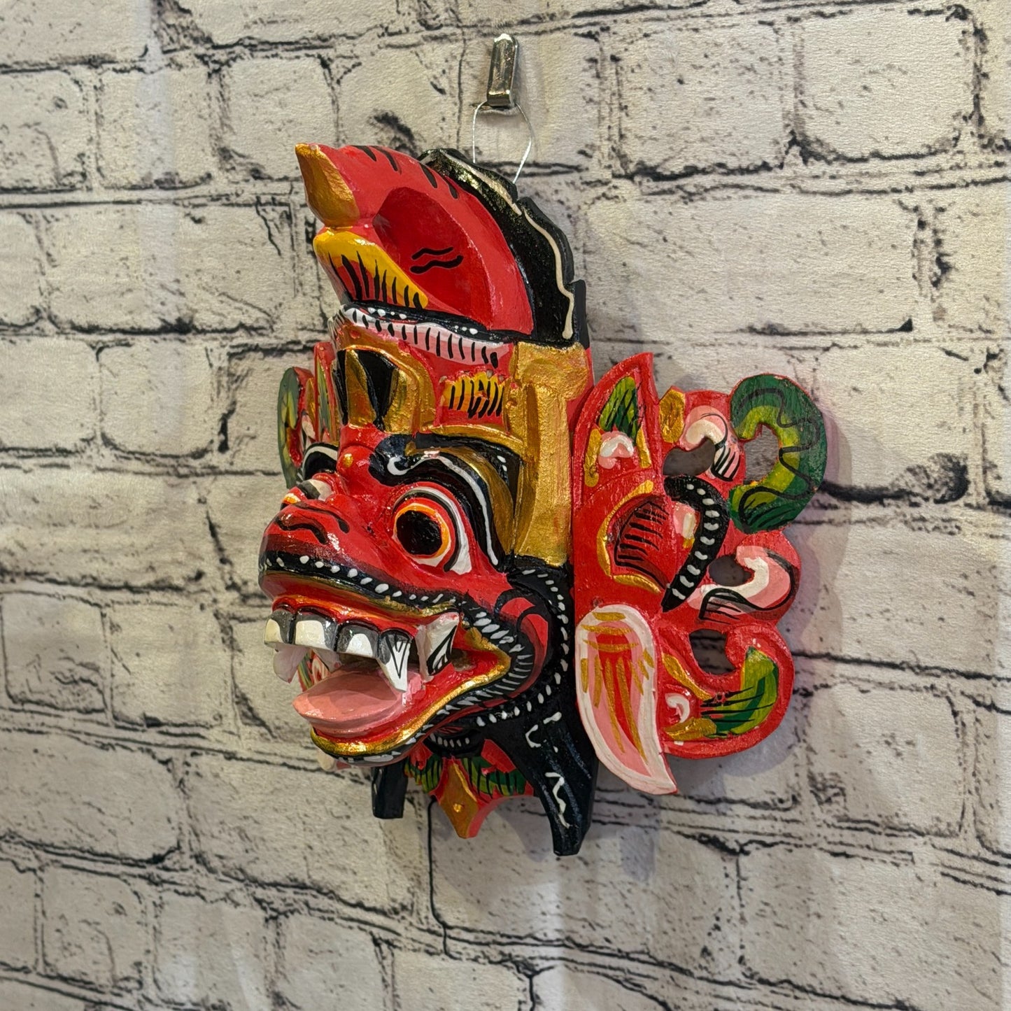 25cm Barong Crown Red Demon Dragon Hindu Deity Wooden Hand Carved Mask Painted1
