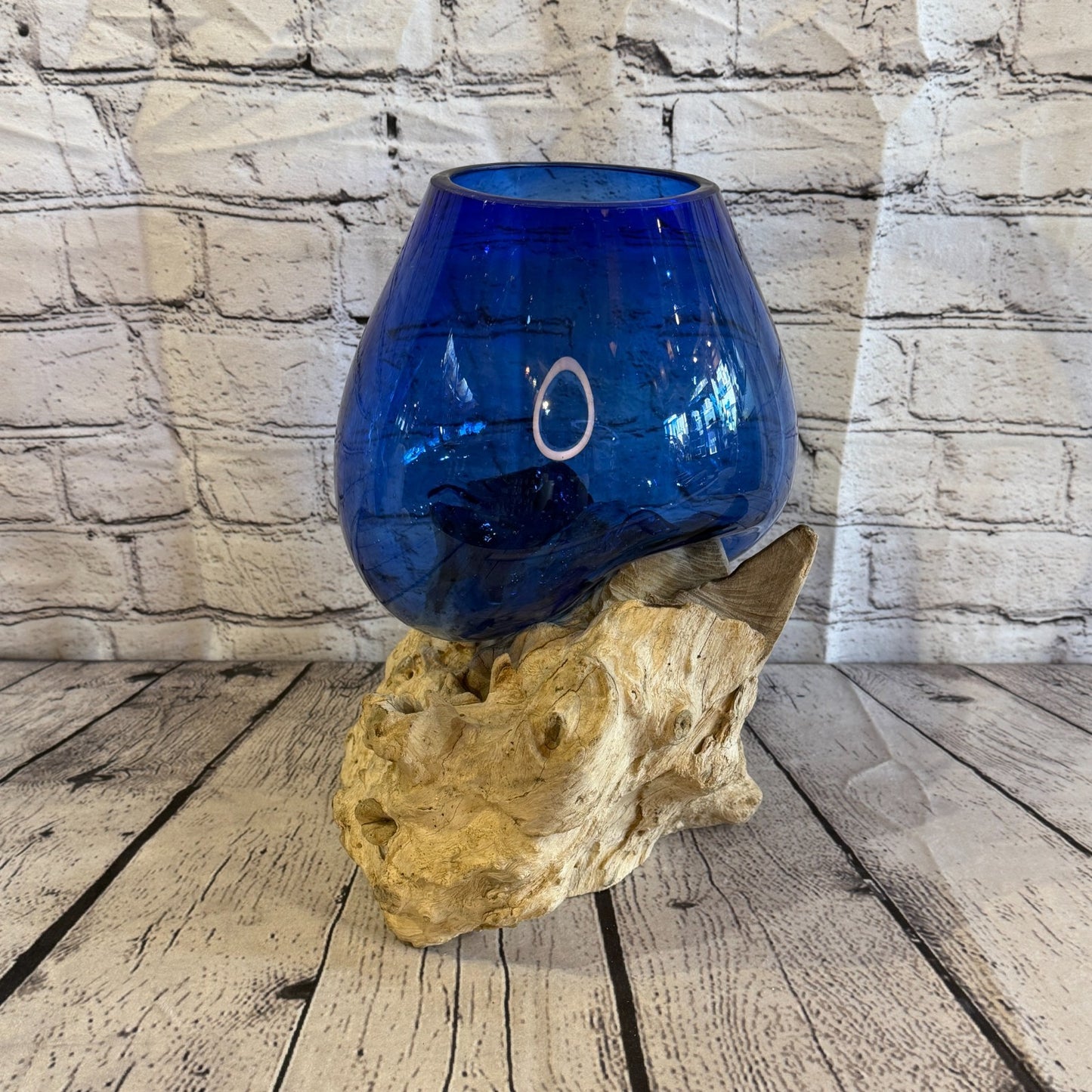 30cm Tall Blue Colour Melted Glass Wood Decorative Vase Glass Sculpture Crafted1