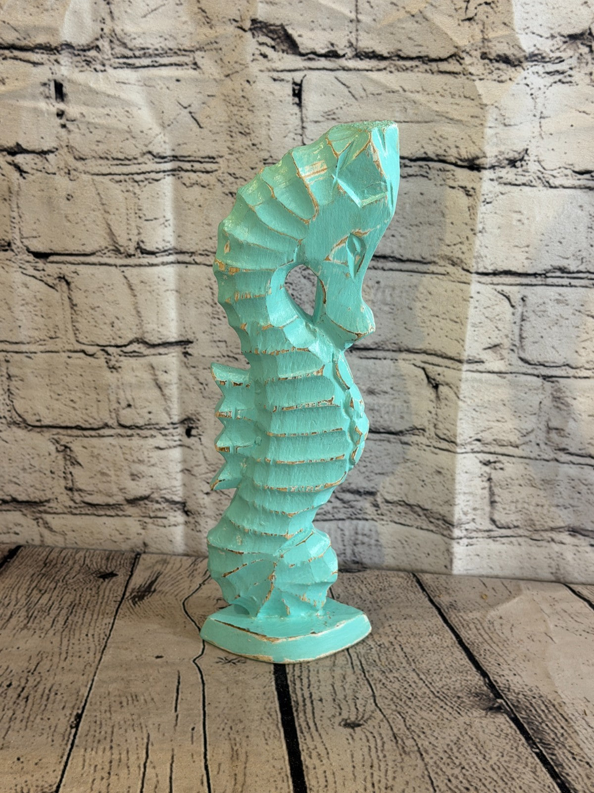 30cm Green Teal Wooden Shabby Seahorse Statue Ornament Fair Trade Handcarved3