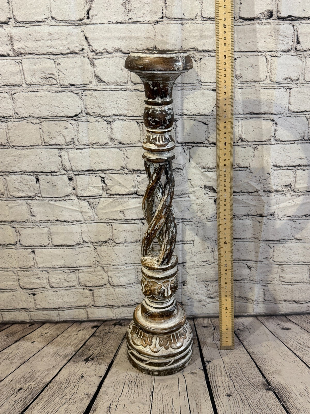 60cm x 15cm Brown Twist Wooden Vintage Style Candle Stand Shabby Pillar Holders3