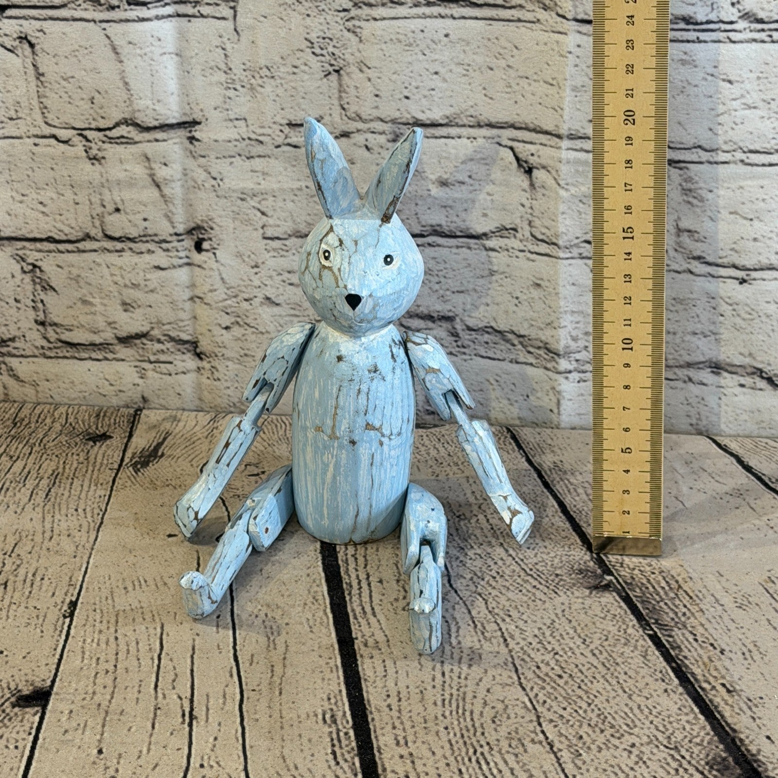 20cm Blue Bunny Rabbit Sitting Animal, Wooden Shelf Ornament Handmade Fairtrade5