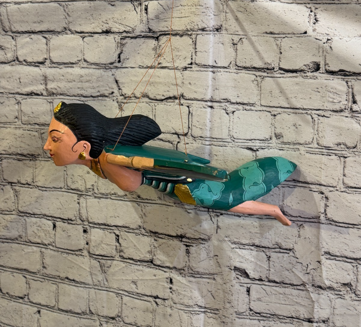 35cm Green Sita Hindu Folk Art Carved Wood Flying Winged Mobile Spirit Guardian0