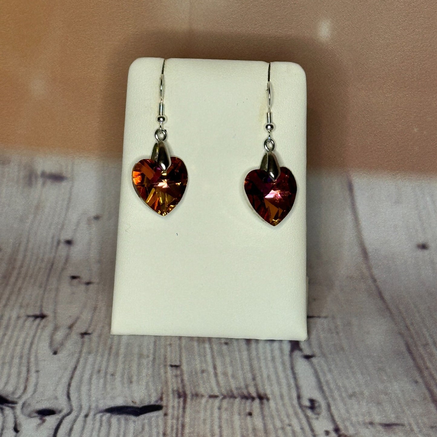 Pink Brown Crystal Heart Shaped Dangle Drop Earrings Handmade UK Jewellery0
