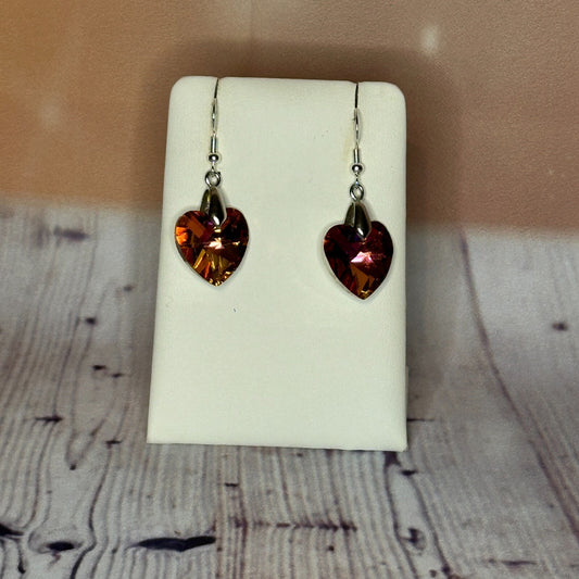 Pink Brown Crystal Heart Shaped Dangle Drop Earrings Handmade UK Jewellery0