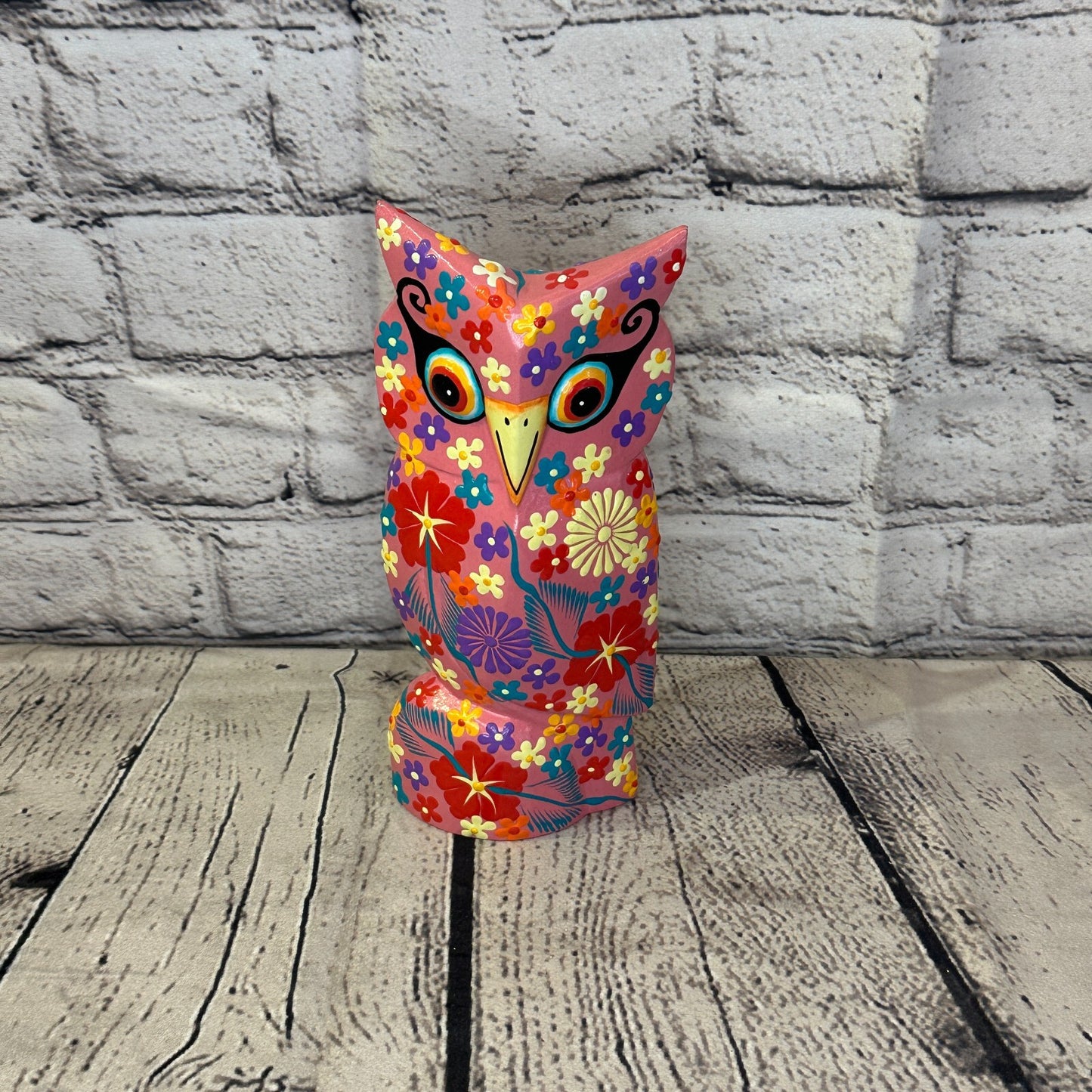 Pink Large Wooden Owl With Flower Pattern 20cm x 8cm Handmade and Fairtrade0