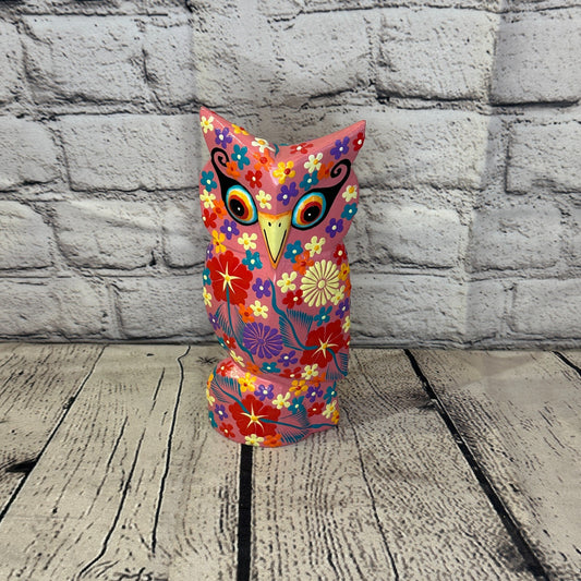 Pink Large Wooden Owl With Flower Pattern 20cm x 8cm Handmade and Fairtrade0