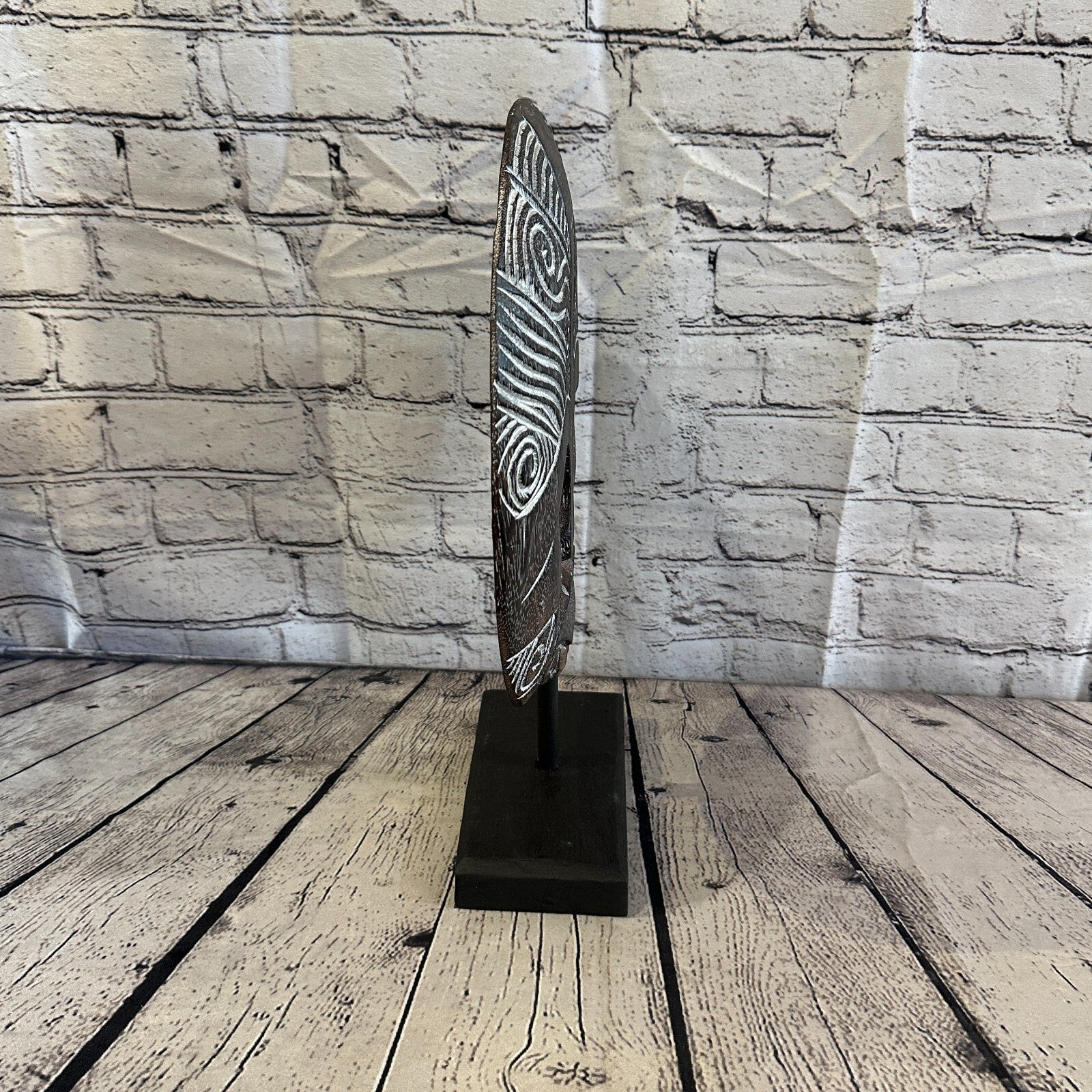 40cm x 35cm  Wooden Tribal Primitive Black Mask Stand Sculpture Statue Art3