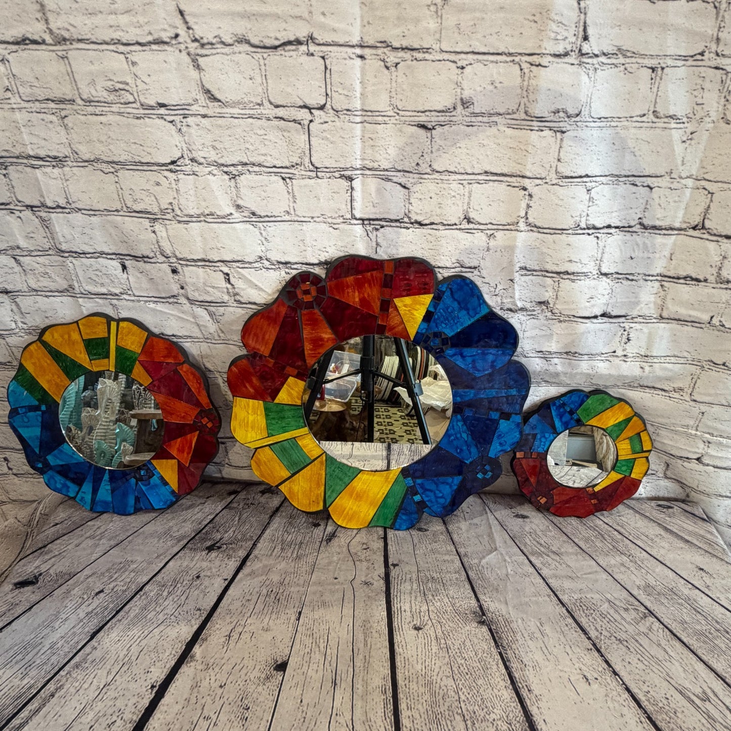Rainbow Flower Shape Black Mosaic Tile Wall Mirror 40cm x 40cm 16Inches Handmade8