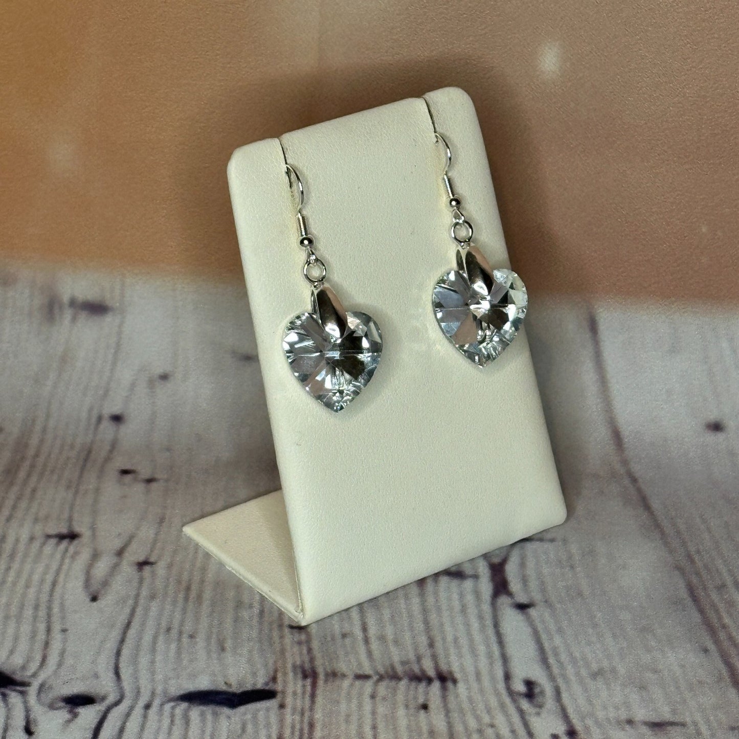 Clear White Crystal Heart Shaped Dangle Drop Earrings Handmade UK Jewellery2