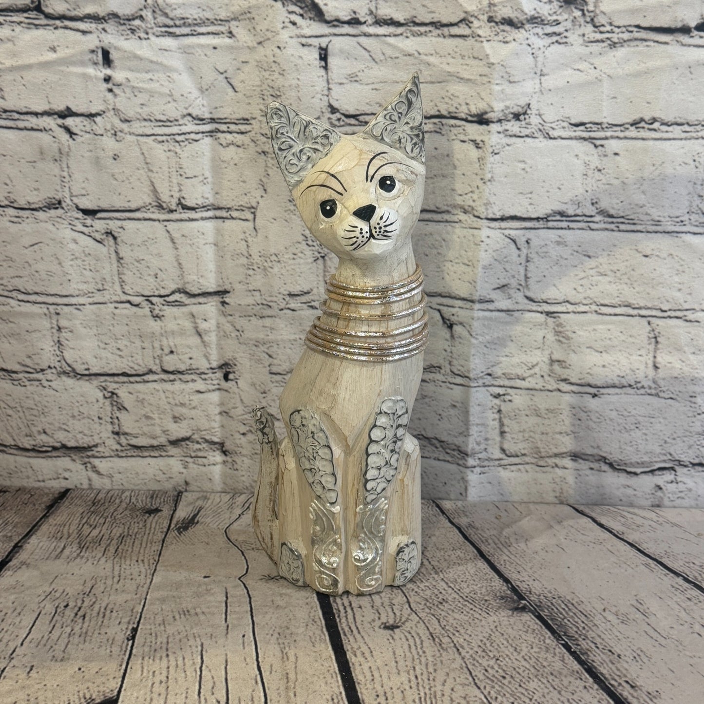 30cm White Silver Dots Wooden Shabby Cat Statue Ornament Fair Trade Handcarved0
