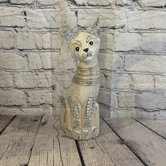 30cm White Silver Dots Wooden Shabby Cat Statue Ornament Fair Trade Handcarved0