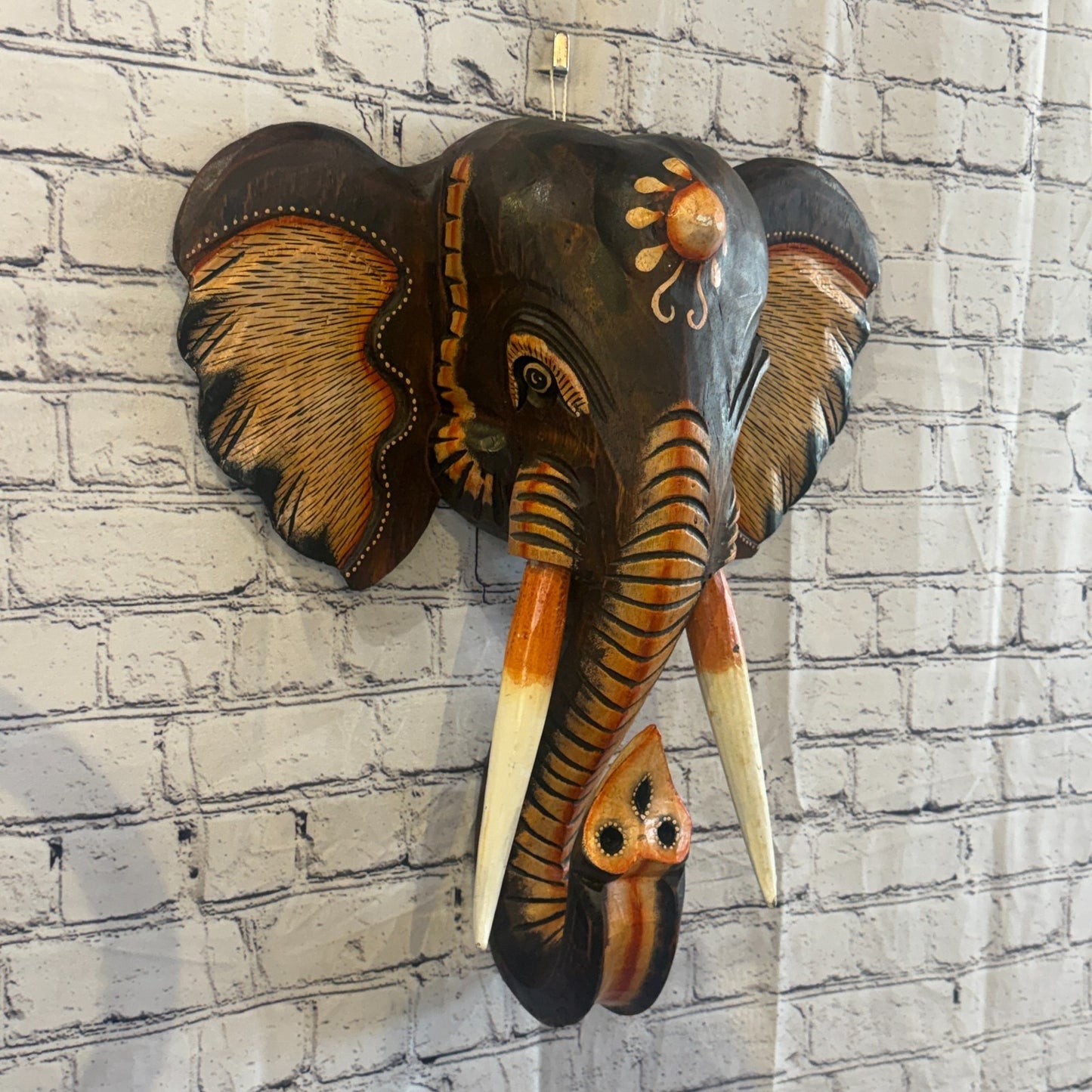 50cm x 45cm Brown Light Painted Wood Elephant Head Wall Mounted Art Shabby0