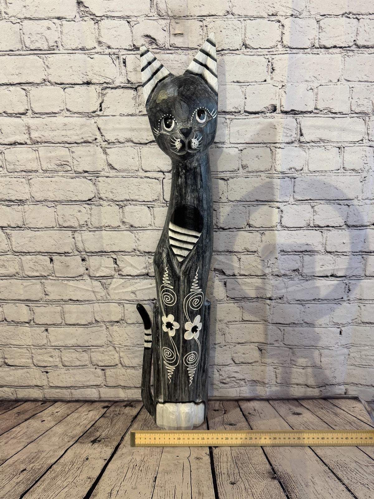 80cm Grey Flower Wooden Shabby Cat Statue Ornament Fair Trade Handcarved7
