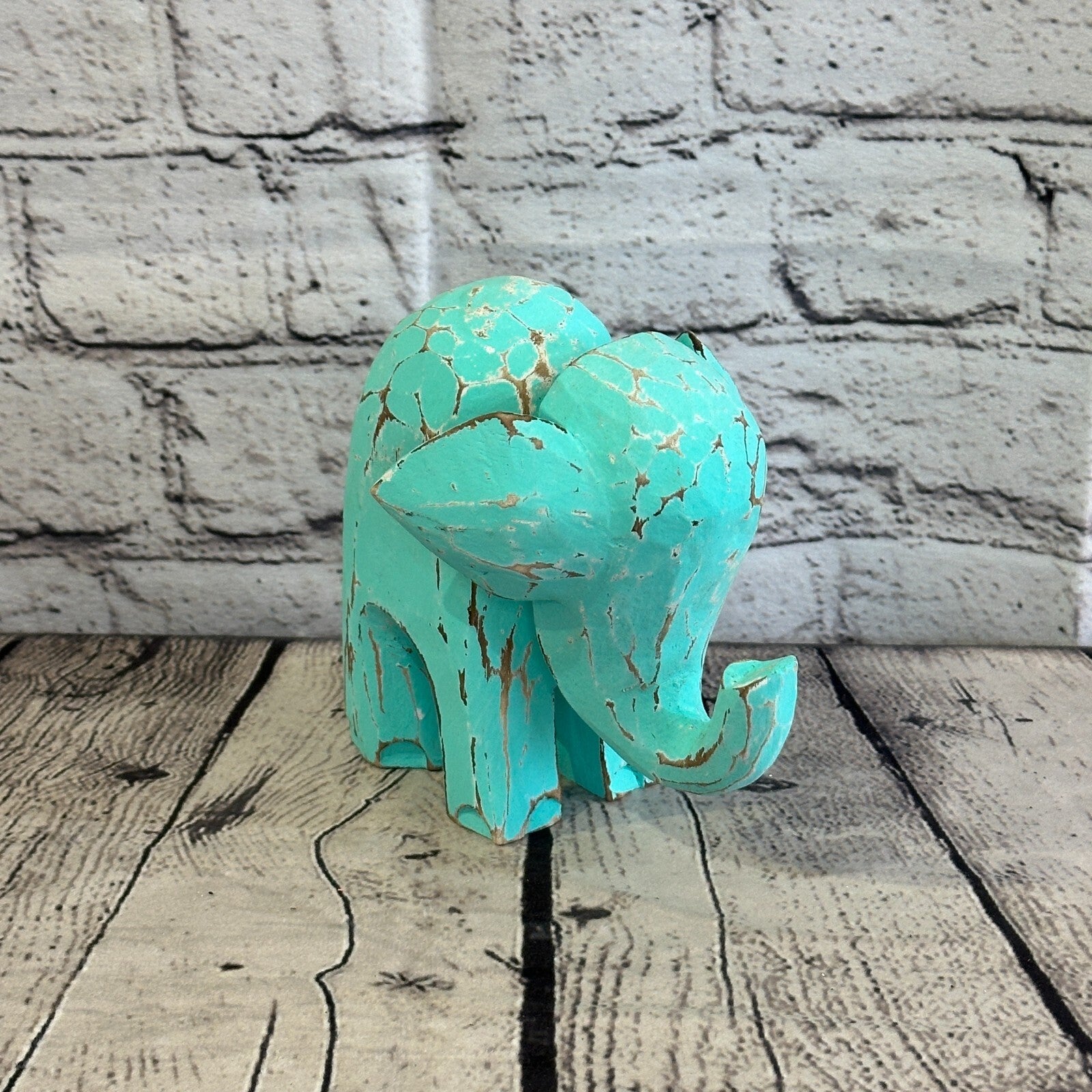 Green Wooden Elephant With Shabby Pattern 12cm x 12cm Handmade and Fairtrade2