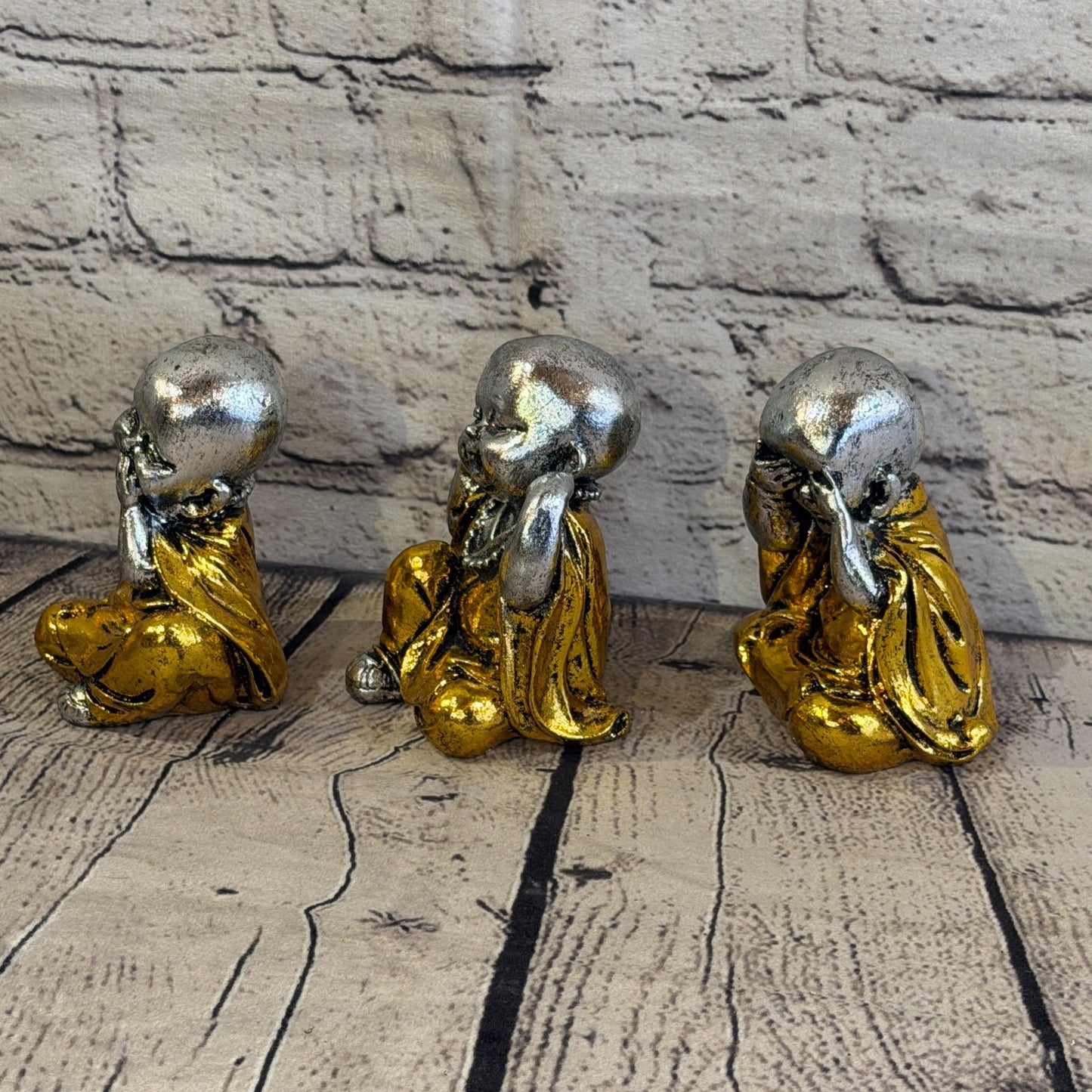 Silver Gold 10cm Set Of 3 Wise Buddha Monks Sitting On Seat Statue Resin Hindu1