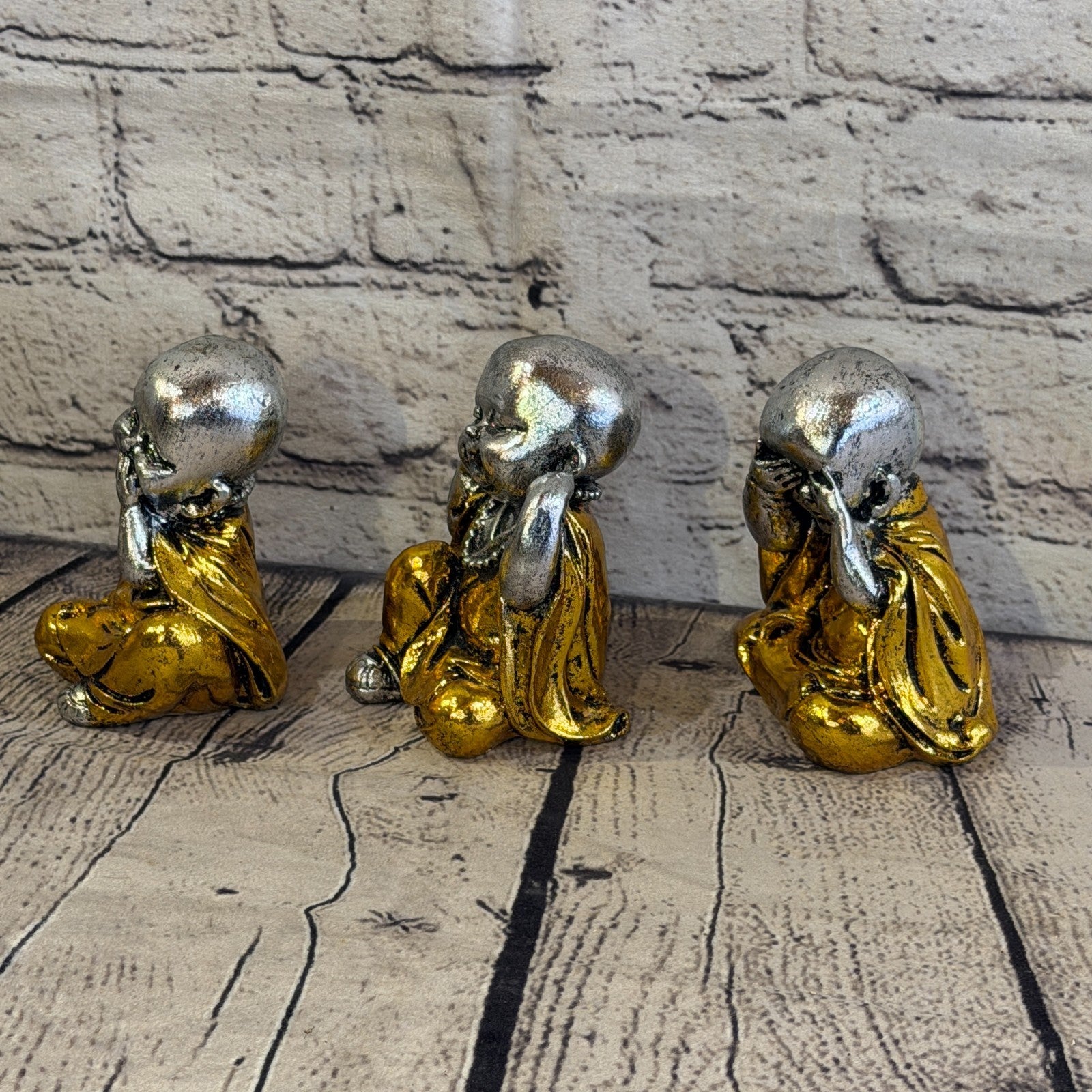 Silver Gold 10cm Set Of 3 Wise Buddha Monks Sitting On Seat Statue Resin Hindu1