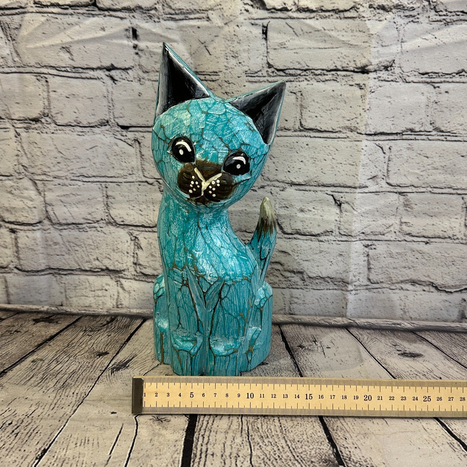 30cm x 12cm Green Flower Wooden Shabby Cat Statue Ornament Fair Trade Handcarved7
