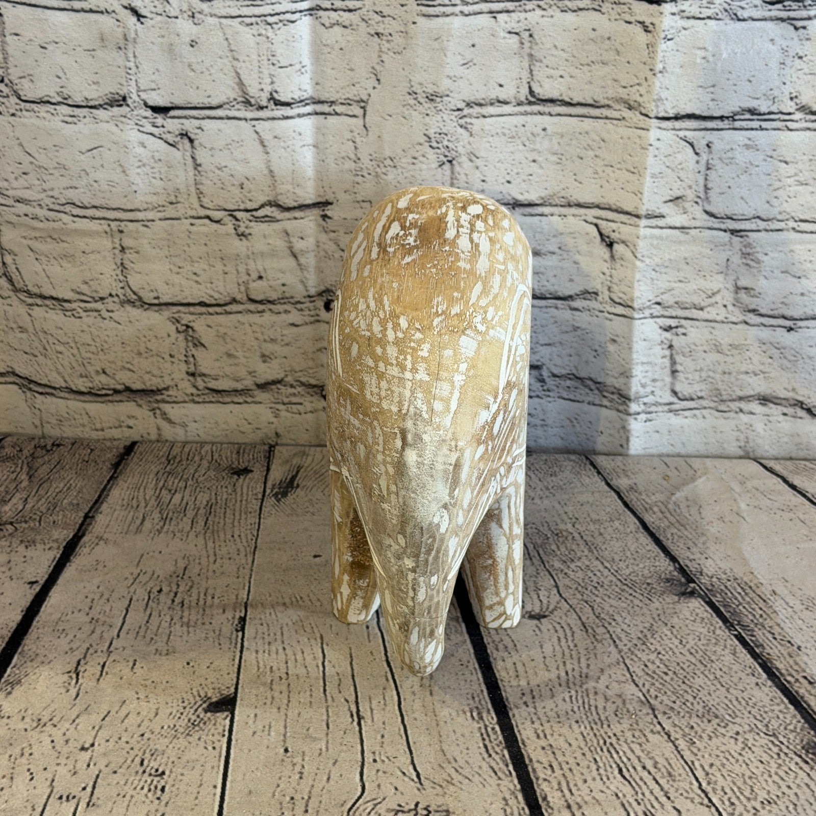 20cm x 25cm White Wood Wooden Standing Elephant Hand Carved Painted Statue1