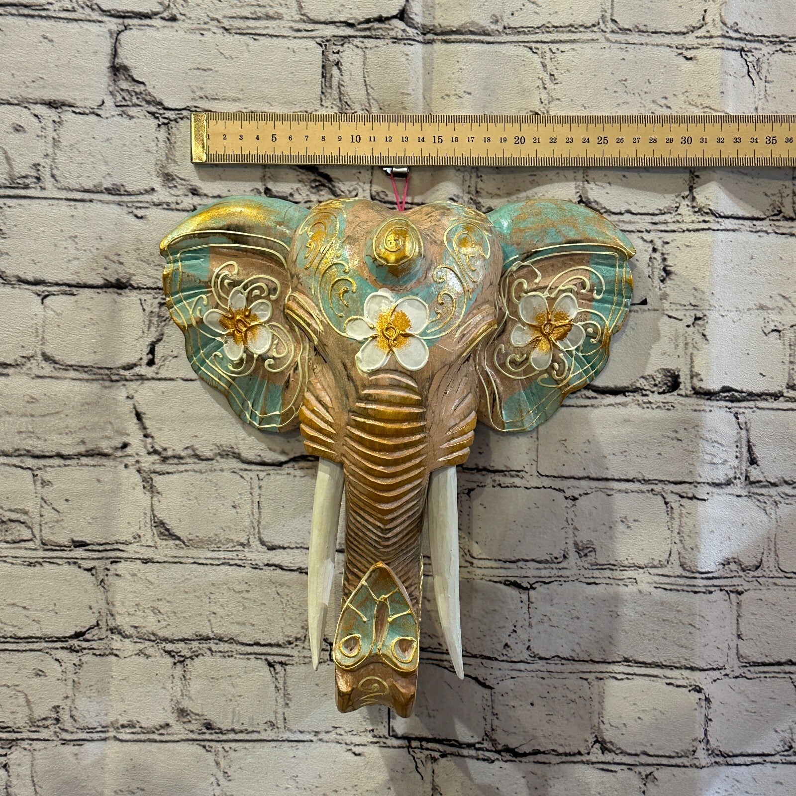 30cm x 30cm Green Flower Painted Wood Elephant Head Wall Mounted Art Shabby3