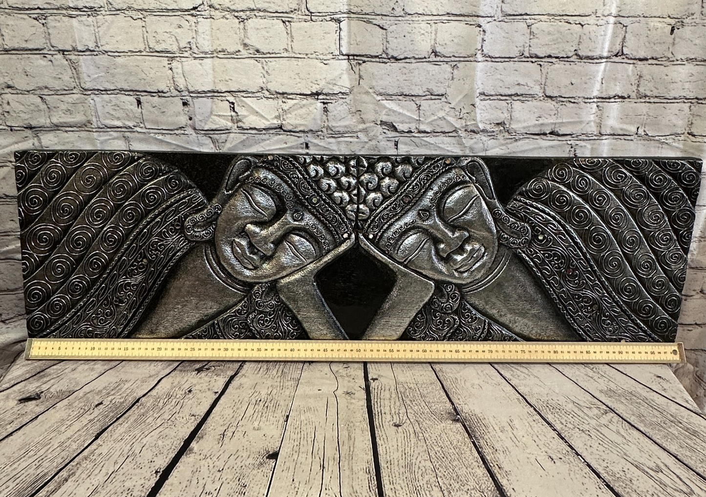 100cm x 30cm Buddha 2 Faces Silver Wooden Wood Panel Wall Art Plaque Handcarved4
