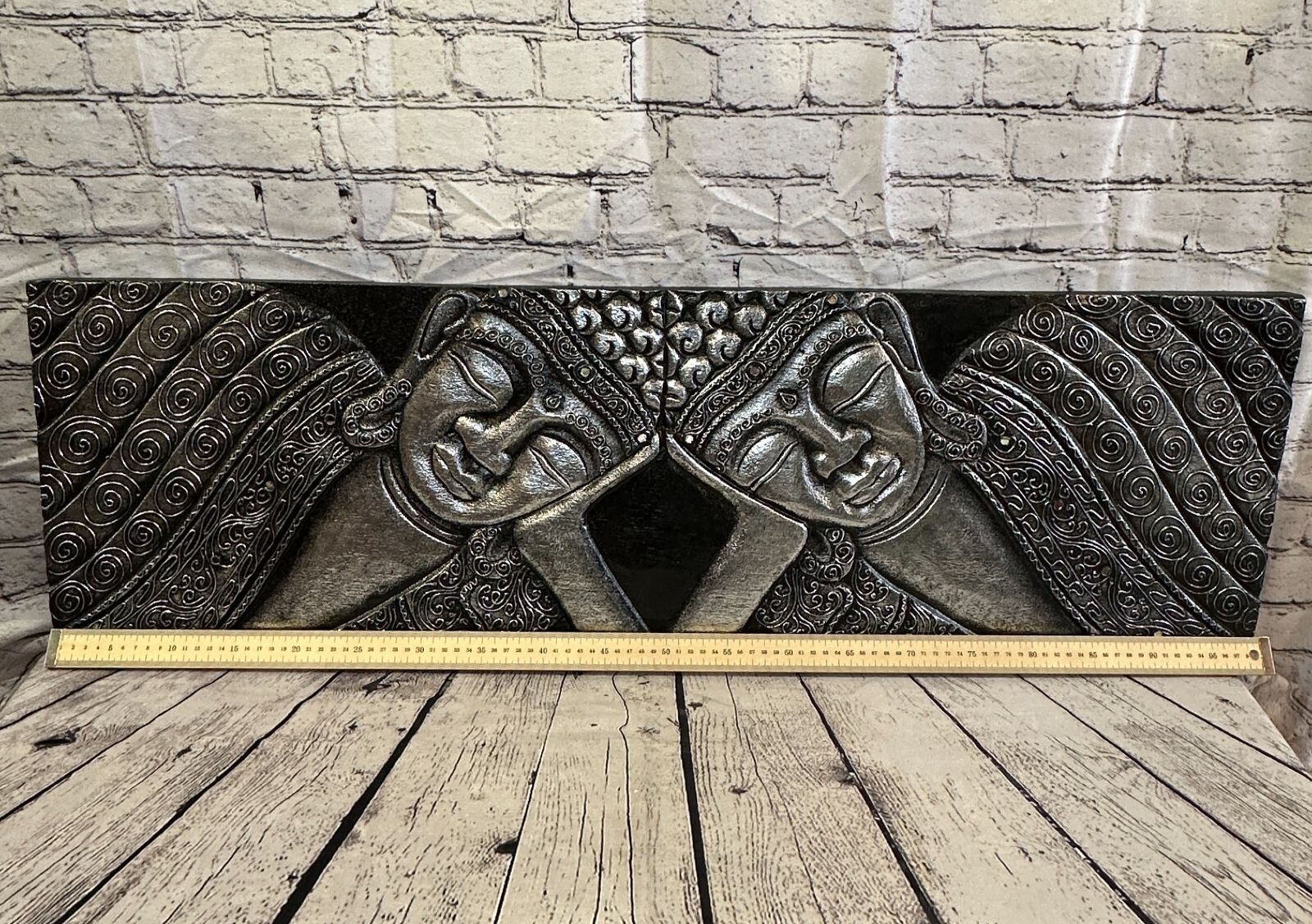 100cm x 30cm Buddha 2 Faces Silver Wooden Wood Panel Wall Art Plaque Handcarved4
