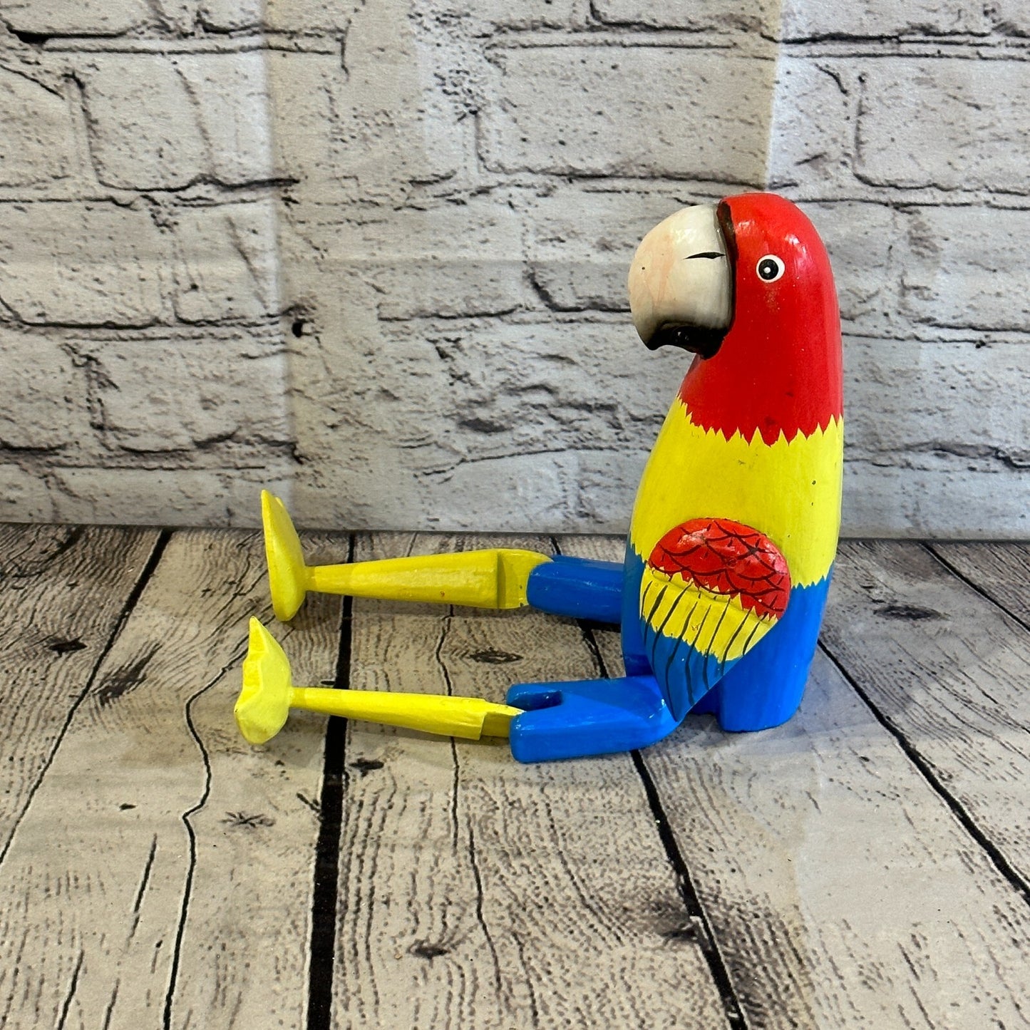 20cm Colourful Parrot Sitting Animal, Wooden Shelf Ornament Handmade Fairtrade1